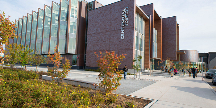 picture of the Centennial College progress campus library entrance in the fall